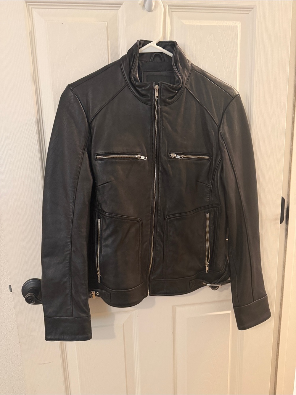 Women’s  Black Leather Bomber Jacket with Zip Pockets